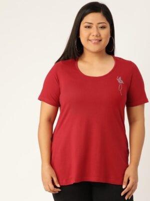 Women's Plus Size Maroon Solid Round Neck T-Shirt