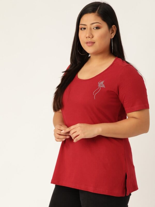 Women's Plus Size Maroon Solid Round Neck T-Shirt