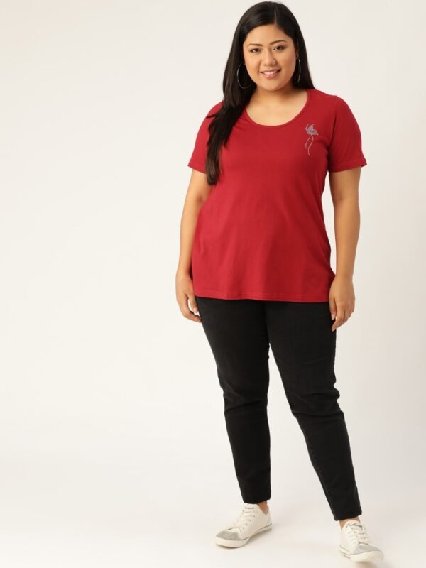 Women's Plus Size Maroon Solid Round Neck T-Shirt