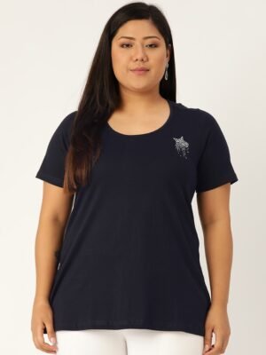 Women's Plus Size Navy Blue Solid Round Neck T-Shirt