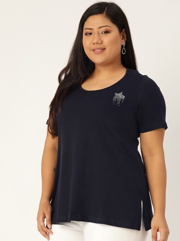 Women's Plus Size Navy Blue Solid Round Neck T-Shirt