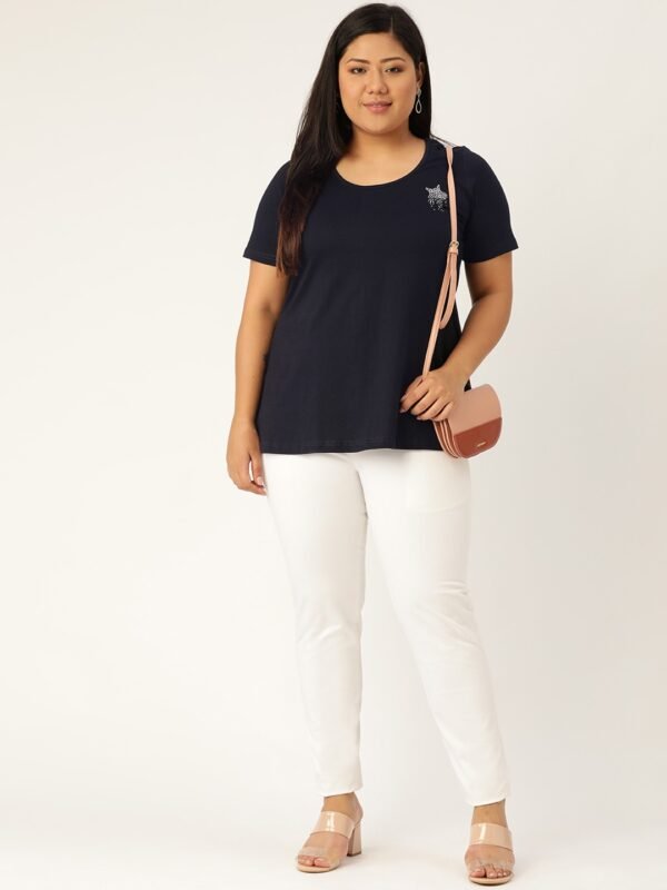 Women's Plus Size Navy Blue Solid Round Neck T-Shirt