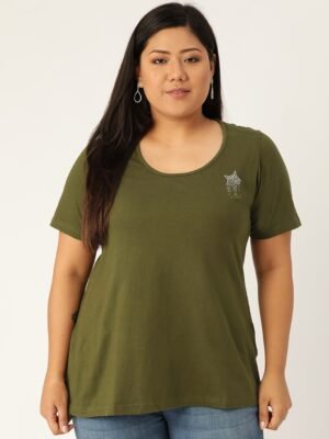 Women's Plus Size Olive Solid Round Neck T-Shirt