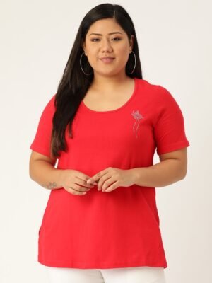 Women's Plus Size Red Solid Round Neck T-Shirt