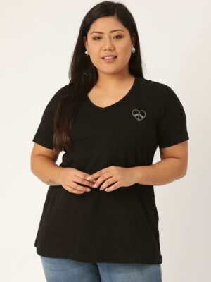 Women's Plus Size Black Solid Color V-Neck Cotton T-Shirt