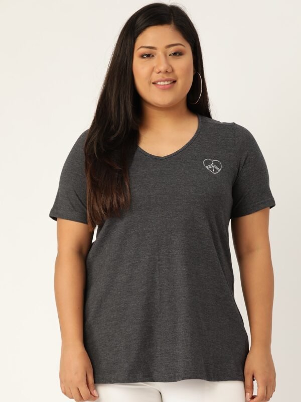 Women's Plus Size DarkGrey Solid Color V-Neck Cotton T-Shirt