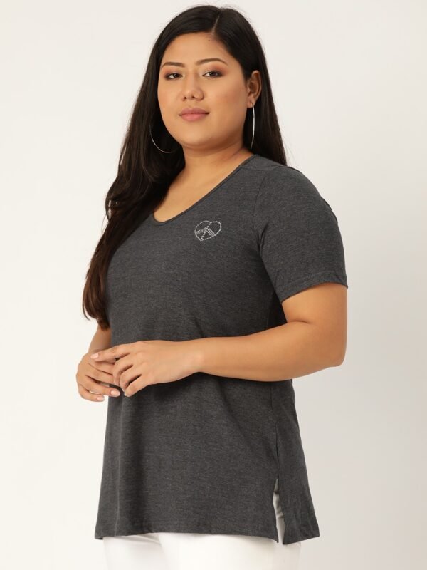 Women's Plus Size DarkGrey Solid Color V-Neck Cotton T-Shirt