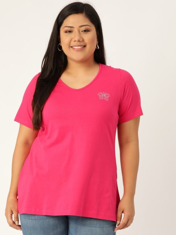 Women's Plus Size Fuchsia Solid Color V-Neck Cotton T-Shirt