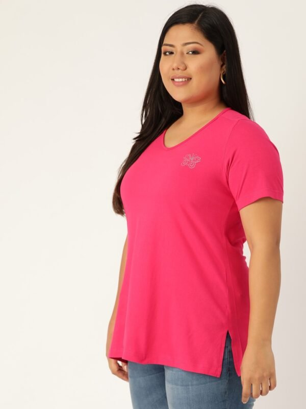 Women's Plus Size Fuchsia Solid Color V-Neck Cotton T-Shirt