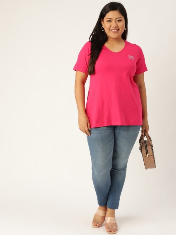 Women's Plus Size Fuchsia Solid Color V-Neck Cotton T-Shirt