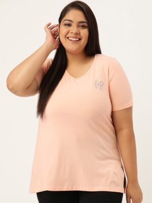 Women's Plus Size Light Peach Solid Color V-Neck Cotton T-Shirt