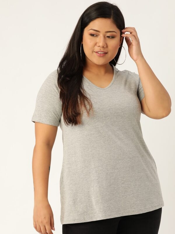 Women's Plus Size Light Grey Solid Color V-Neck Cotton T-Shirt