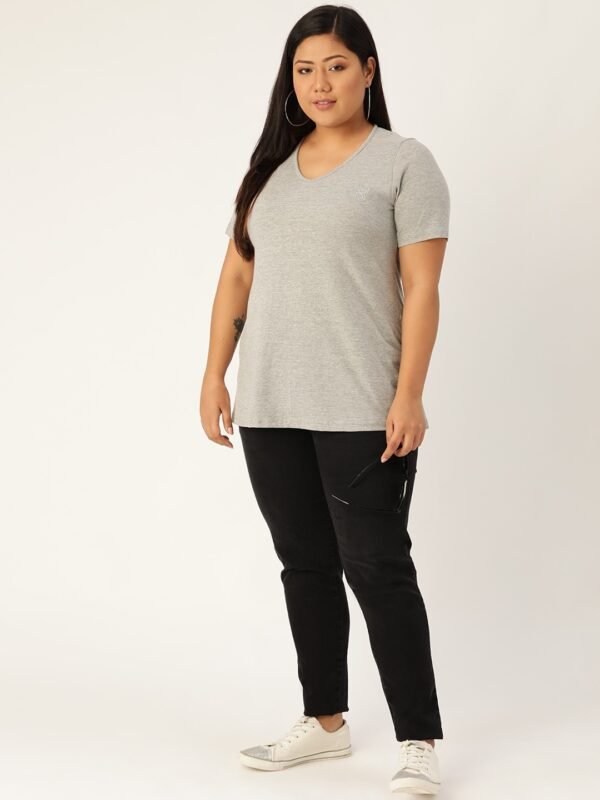 Women's Plus Size Light Grey Solid Color V-Neck Cotton T-Shirt