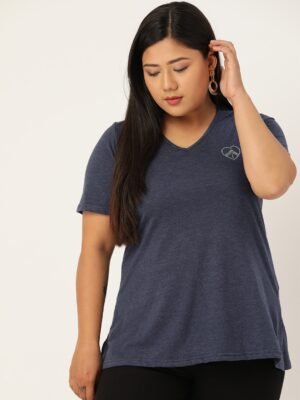 Women's Plus Size Melange Blue Solid Color V-Neck Cotton T-Shirt