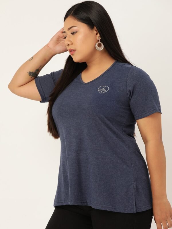 Women's Plus Size Melange Blue Solid Color V-Neck Cotton T-Shirt