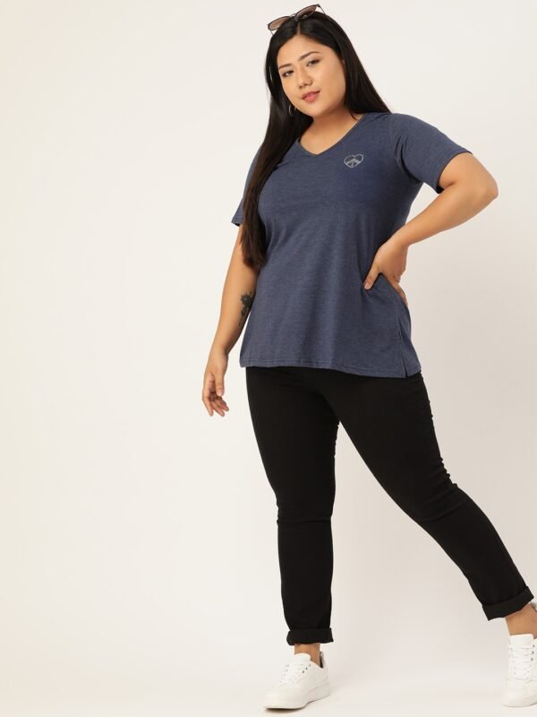 Women's Plus Size Melange Blue Solid Color V-Neck Cotton T-Shirt