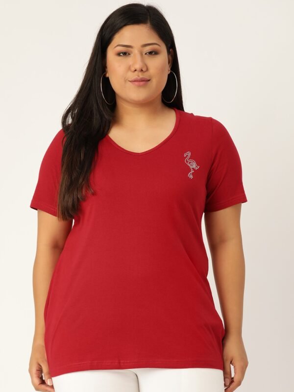 Women's Plus Size Maroon Solid Color V-Neck Cotton T-Shirt