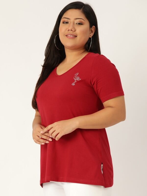 Women's Plus Size Maroon Solid Color V-Neck Cotton T-Shirt