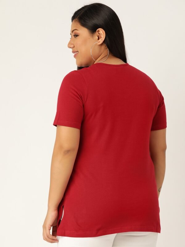 Women's Plus Size Maroon Solid Color V-Neck Cotton T-Shirt