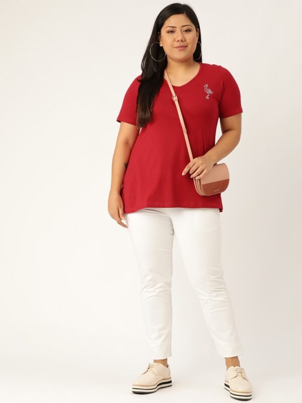 Women's Plus Size Maroon Solid Color V-Neck Cotton T-Shirt