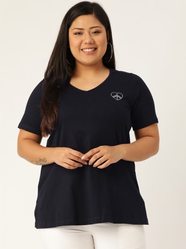 Women's Plus Size Navy Blue Solid Color V-Neck Cotton T-Shirt