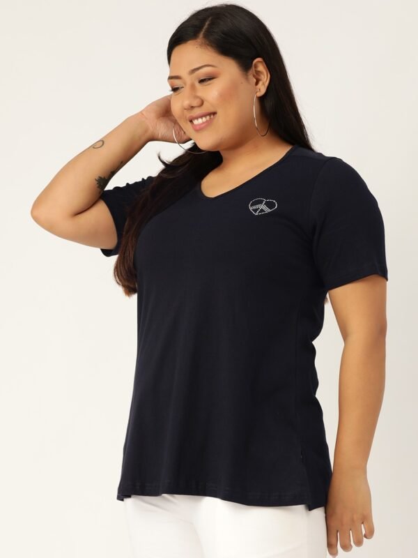 Women's Plus Size Navy Blue Solid Color V-Neck Cotton T-Shirt