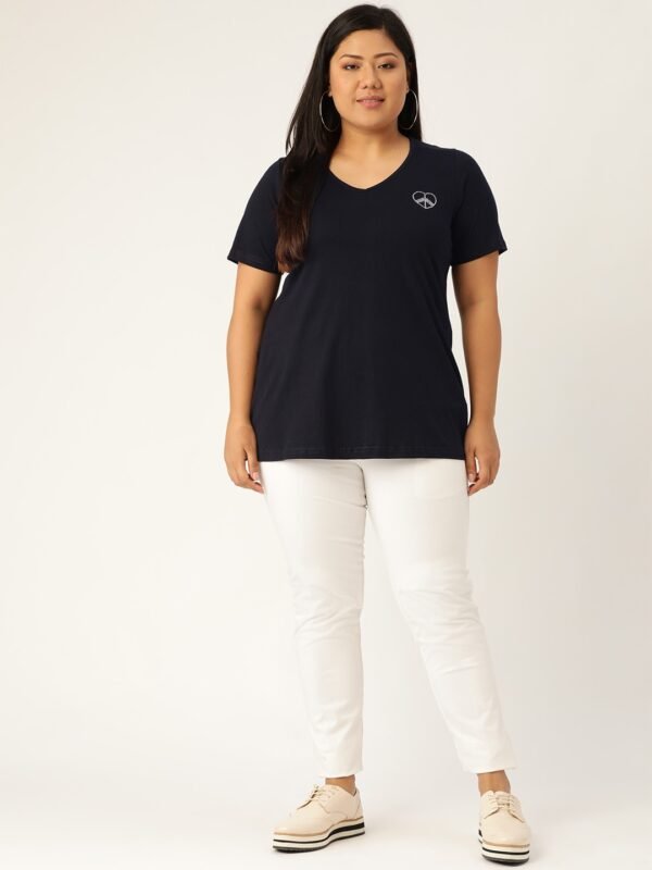 Women's Plus Size Navy Blue Solid Color V-Neck Cotton T-Shirt