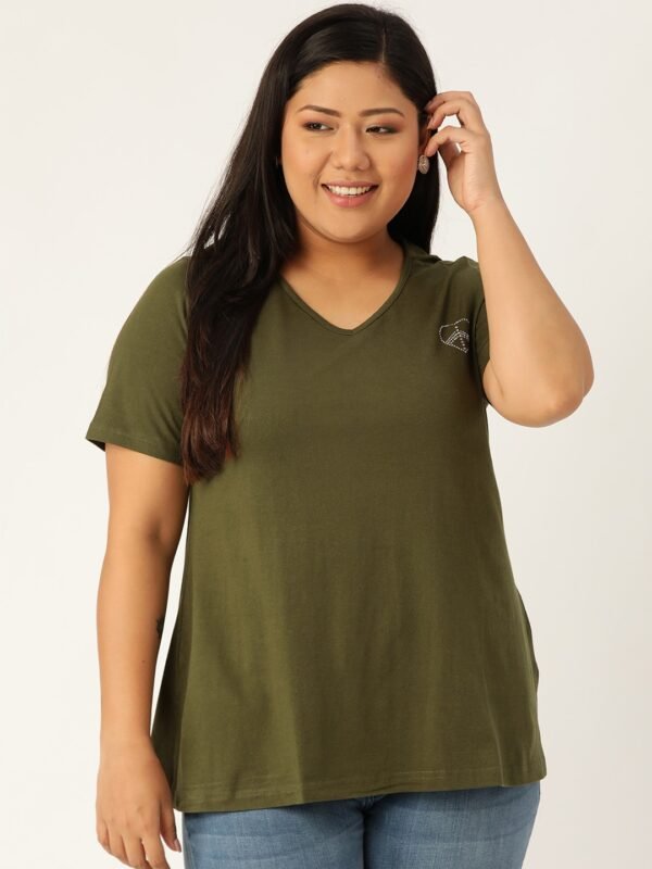 Women's Plus Size Olive Solid Color V-Neck Cotton T-Shirt