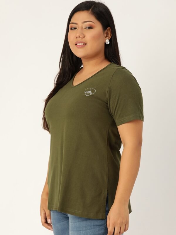 Women's Plus Size Olive Solid Color V-Neck Cotton T-Shirt