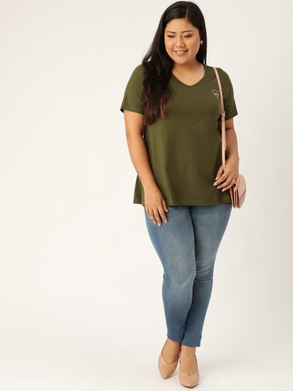 Women's Plus Size Olive Solid Color V-Neck Cotton T-Shirt