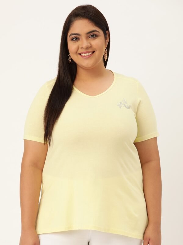 Women's Plus Size Pale Yellow Solid Color V-Neck Cotton T-Shirt