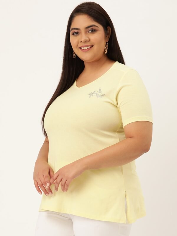 Women's Plus Size Pale Yellow Solid Color V-Neck Cotton T-Shirt