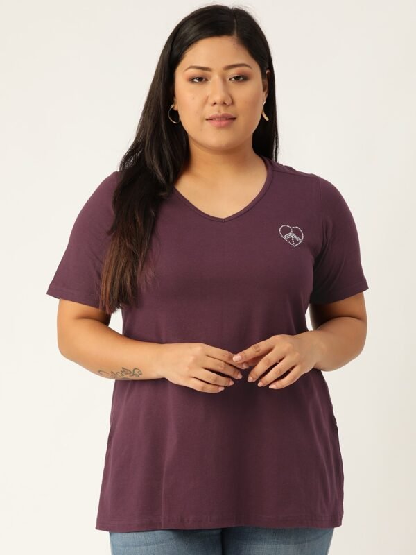 Women's Plus Size Purple Solid Color V-Neck Cotton T-Shirt