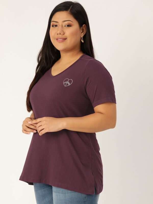 Women's Plus Size Purple Solid Color V-Neck Cotton T-Shirt