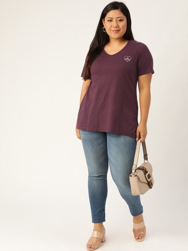 Women's Plus Size Purple Solid Color V-Neck Cotton T-Shirt