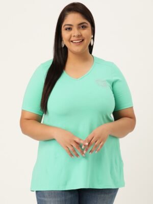 Women's Plus Size Sea Green Solid Color V-Neck Cotton T-Shirt