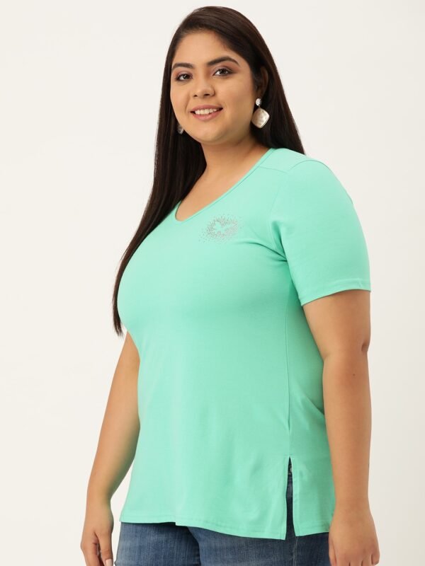 Women's Plus Size Sea Green Solid Color V-Neck Cotton T-Shirt