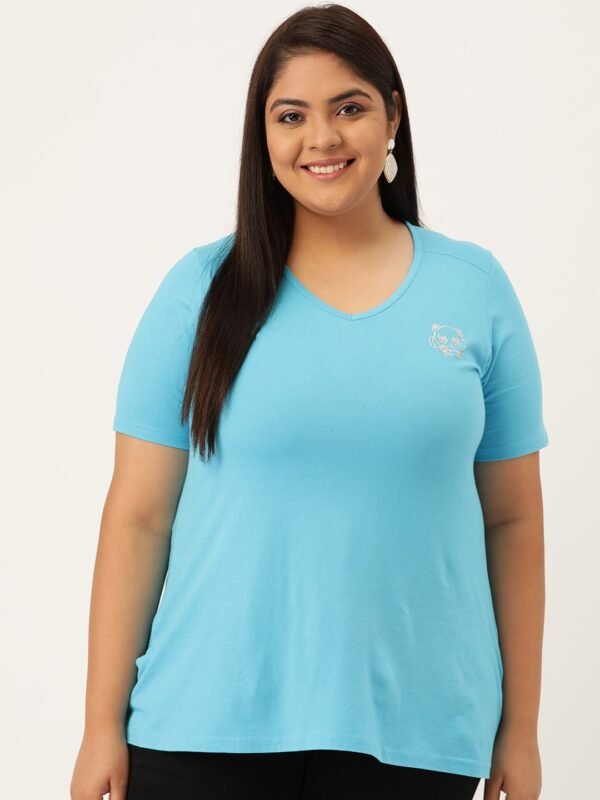 Women's Plus Size Turquoise Blue Solid Color V-Neck Cotton T-Shirt