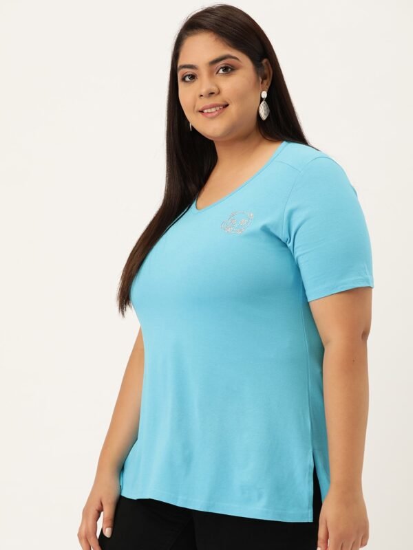 Women's Plus Size Turquoise Blue Solid Color V-Neck Cotton T-Shirt