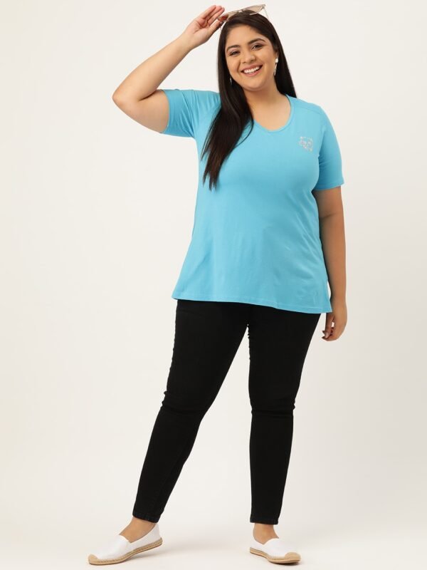 Women's Plus Size Turquoise Blue Solid Color V-Neck Cotton T-Shirt