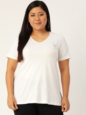 Women's Plus Size White Solid Color V-Neck Cotton T-Shirt