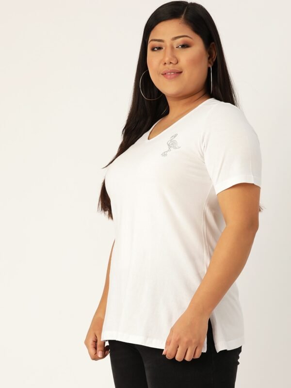 Women's Plus Size White Solid Color V-Neck Cotton T-Shirt