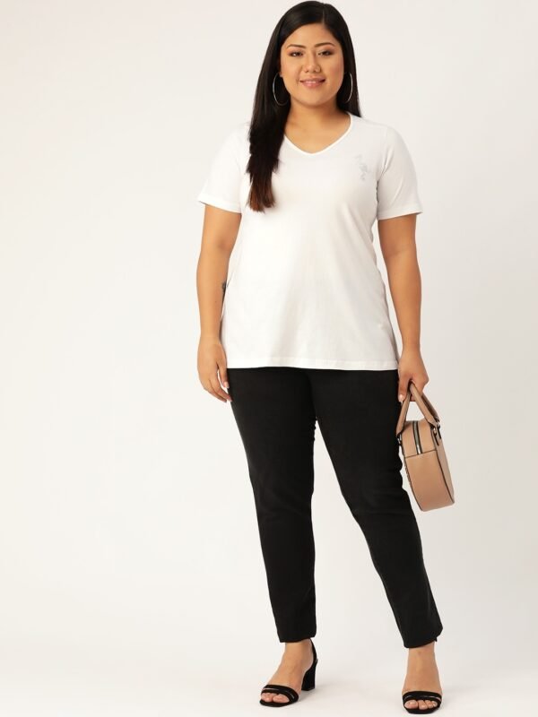 Women's Plus Size White Solid Color V-Neck Cotton T-Shirt