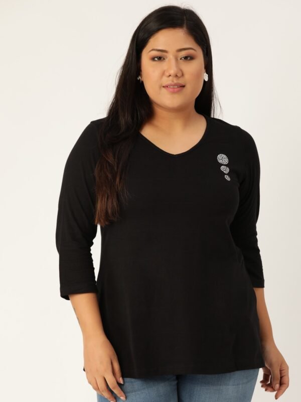 Women's Plus Size Black Solid V-Neck 3/4th Sleeve T-Shirt