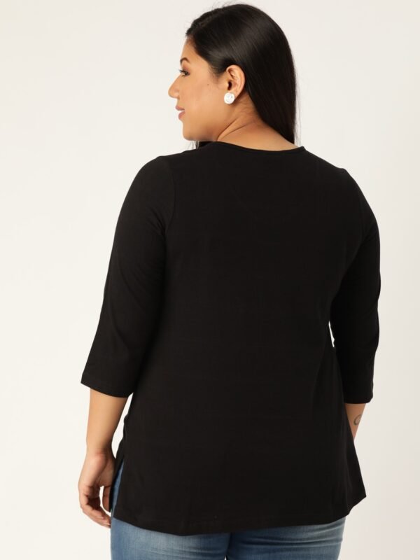 Women's Plus Size Black Solid V-Neck 3/4th Sleeve T-Shirt