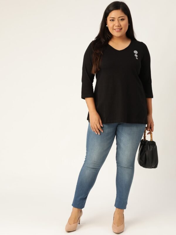 Women's Plus Size Black Solid V-Neck 3/4th Sleeve T-Shirt