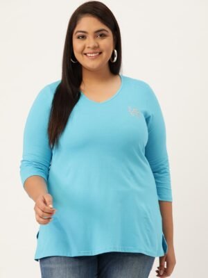 Women's Plus Size Turquoise Blue Solid V-Neck 3/4th Sleeve T-Shirt