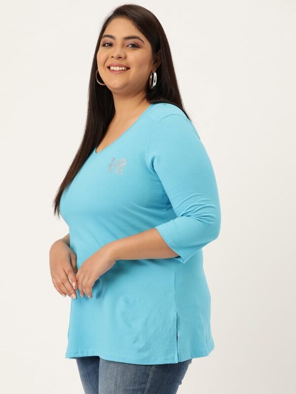 Women's Plus Size Turquoise Blue Solid V-Neck 3/4th Sleeve T-Shirt