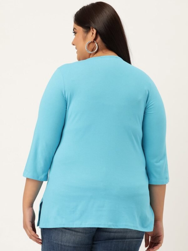 Women's Plus Size Turquoise Blue Solid V-Neck 3/4th Sleeve T-Shirt