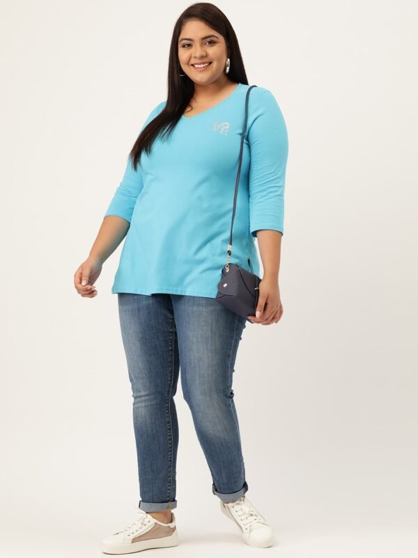 Women's Plus Size Turquoise Blue Solid V-Neck 3/4th Sleeve T-Shirt